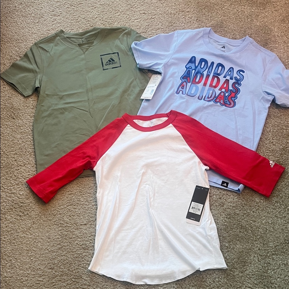 NEW adidas Kids 3-Pack Tees size S- White/Red Raglan, Olive, Light Blue Graphic